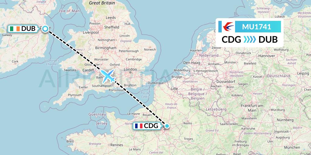 MU1741 China Eastern Airlines Flight Map: Paris to Dublin