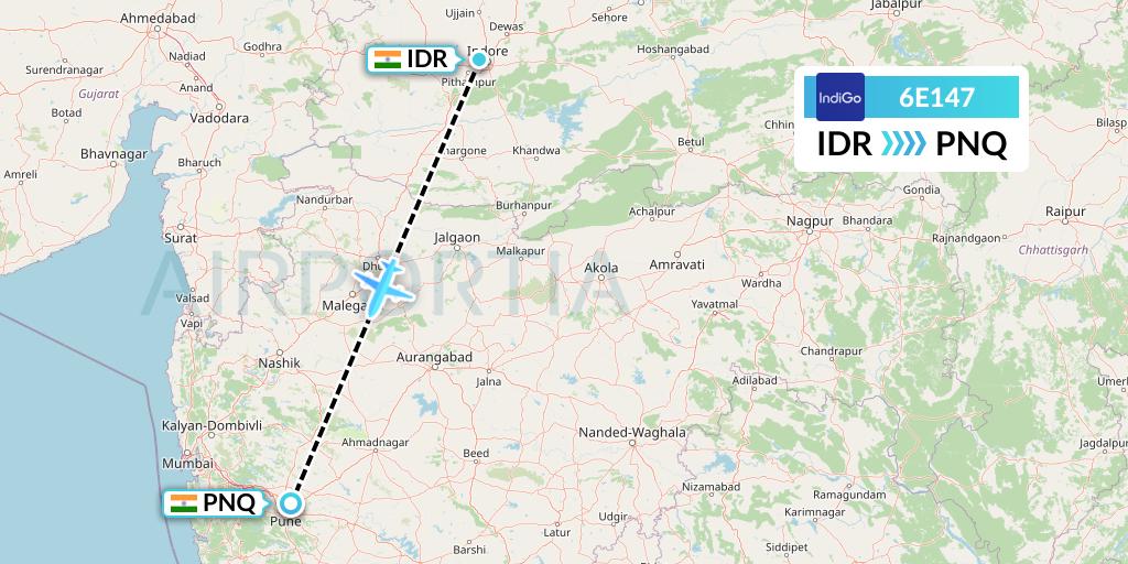6E147 IndiGo Airlines Flight Map: Indore to Pune