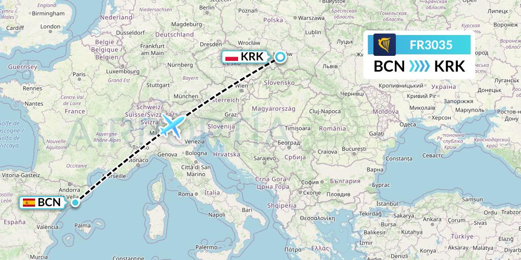 FR3035 Ryanair Flight Map: Barcelona to Krakow