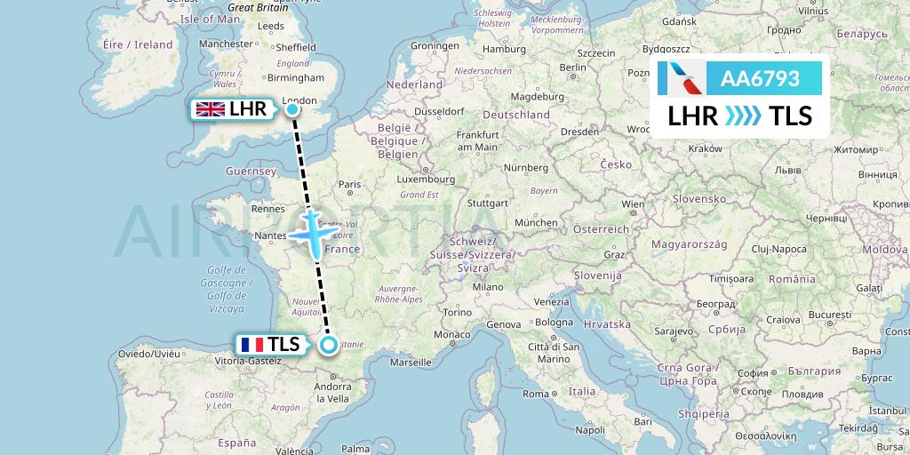 AA6793 American Airlines Flight Map: London to Toulouse