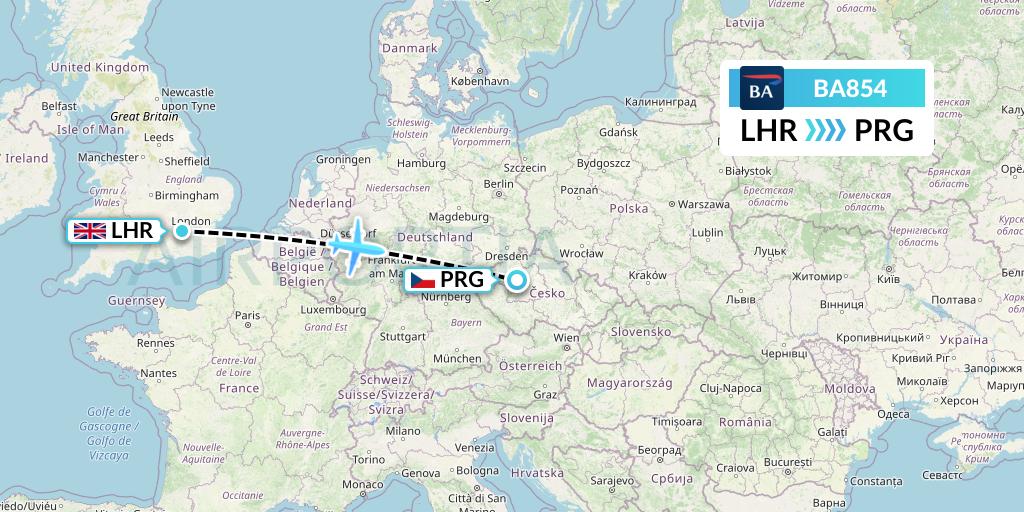 BA854 British Airways Flight Map: London to Prague
