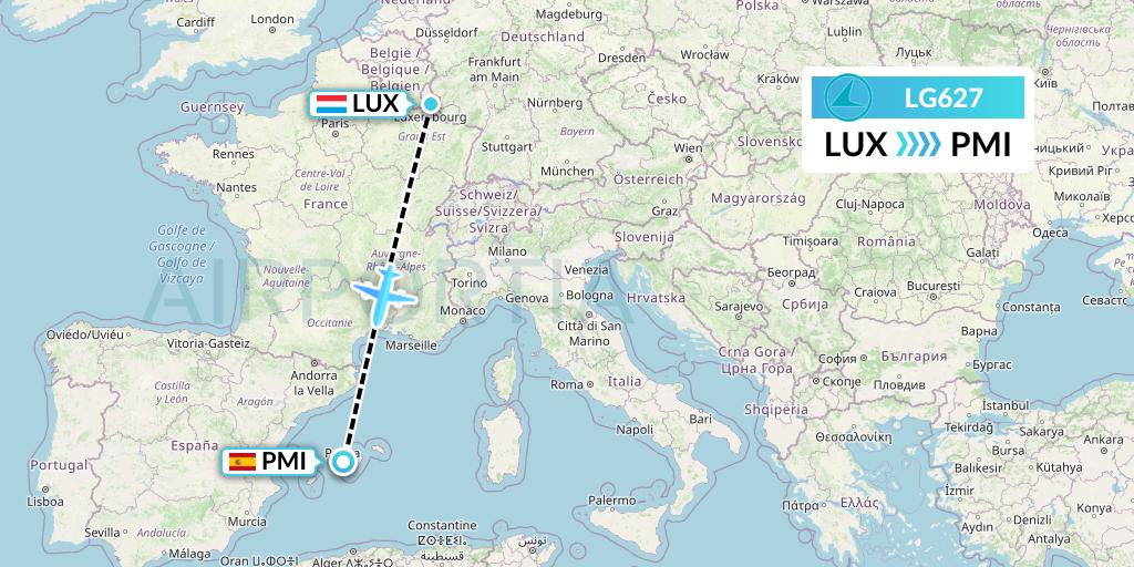 LG627 Luxair Flight Map: Luxembourg to Palma de Mallorca