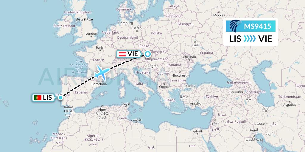 MS9415 EgyptAir Flight Map: Lisbon to Vienna
