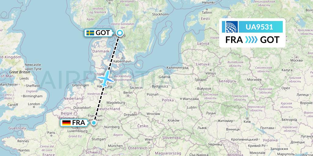 UA9531 United Airlines Flight Map: Frankfurt to Gothenburg
