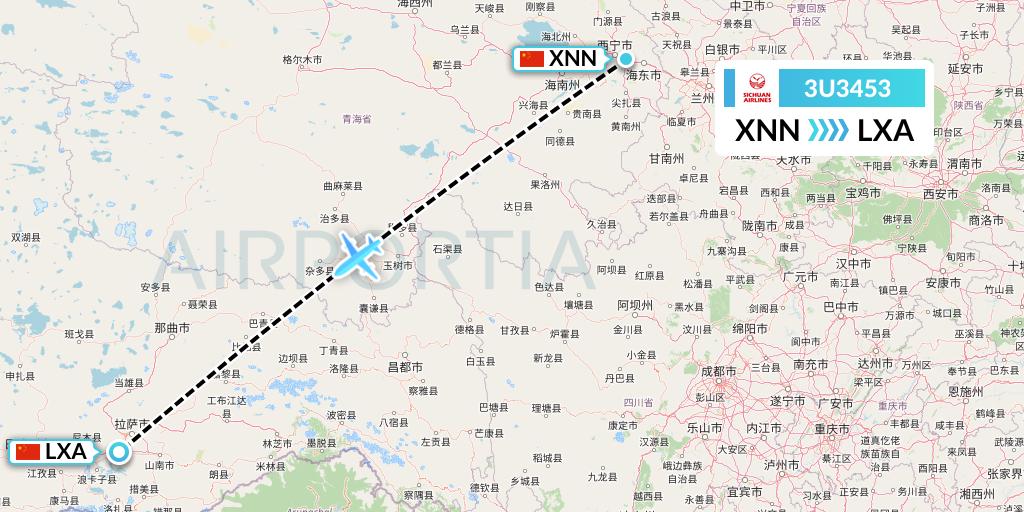3U3453 Sichuan Airlines Flight Map: Xining to Lhasa