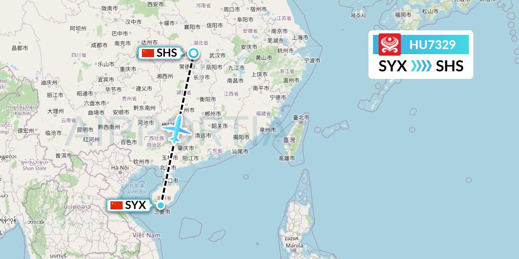 HU7329 Hainan Airlines Flight Map: Sanya to Shashi