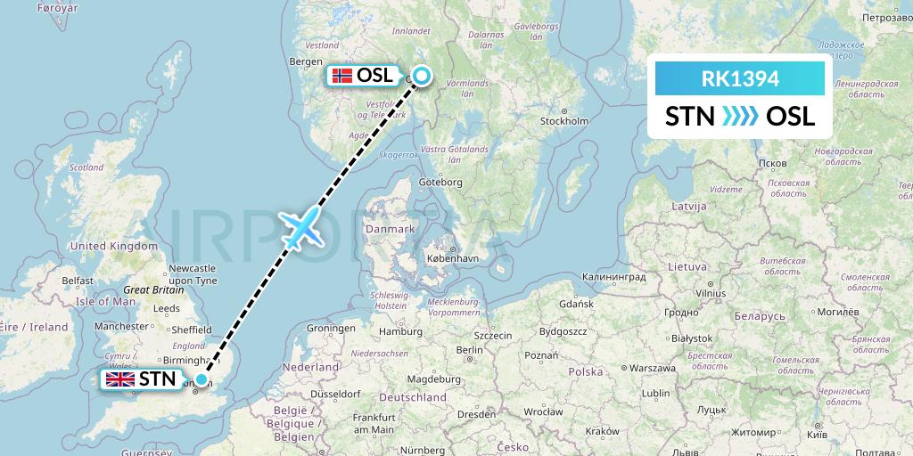 RK1394 Ryanair UK Flight Map: London to Oslo