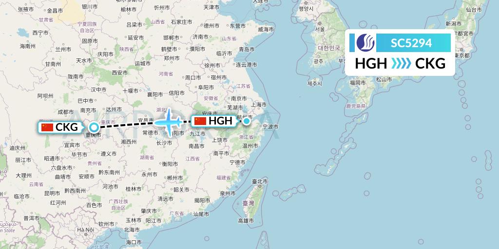 SC5294 Shandong Airlines Flight Map: Hangzhou to Chongqing