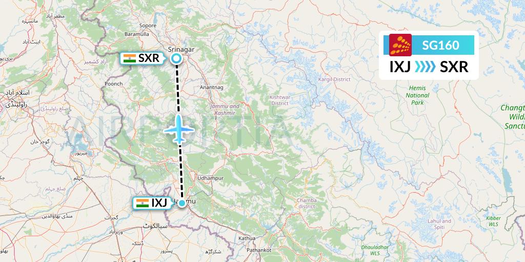 SG160 SpiceJet Flight Map: Jammu to Srinagar