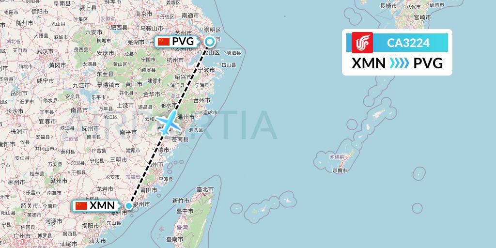 CA3224 Air China Flight Map: Xiamen to Shanghai