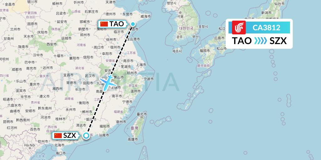 CA3812 Air China Flight Map: Qingdao to Shenzhen