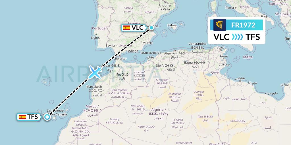 FR1972 Ryanair Flight Map: Valencia to Tenerife