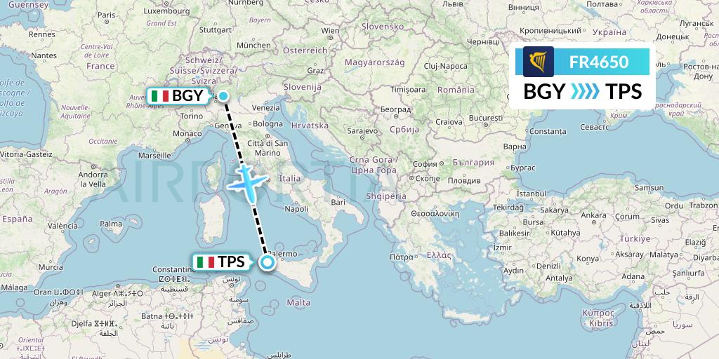 FR4650 Ryanair Flight Map: Milan to Trapani