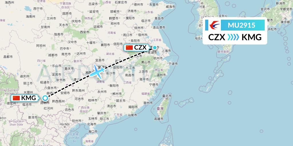 MU2915 China Eastern Airlines Flight Map: Changzhou to Kunming
