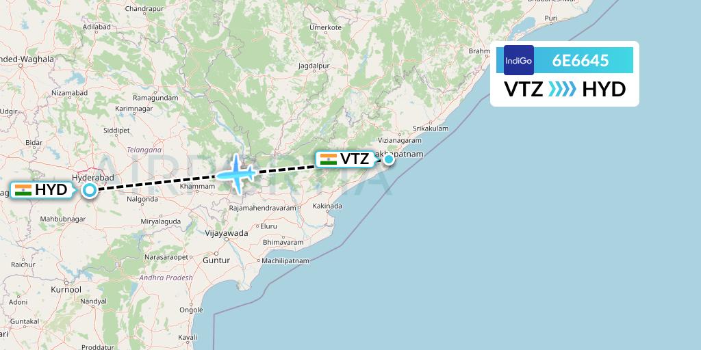 6E6645 IndiGo Airlines Flight Map: Visakhapatnam to Hyderabad