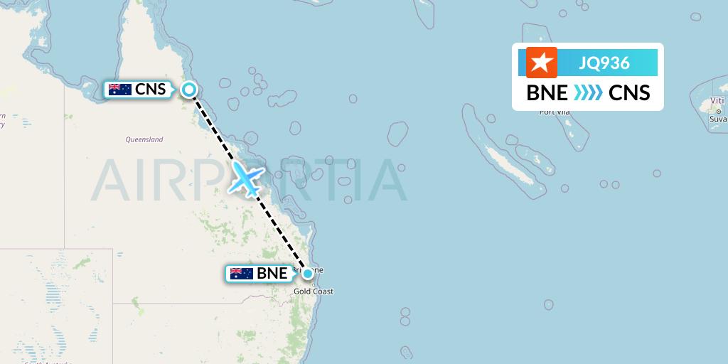 JQ936 Jetstar Airways Flight Map: Brisbane to Cairns