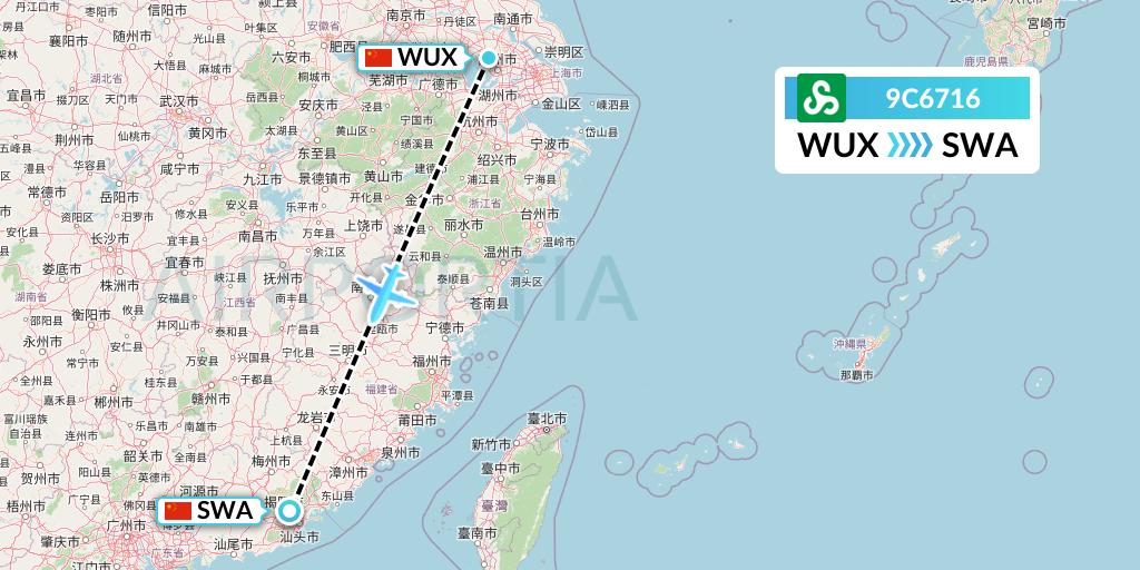 9C6716 Spring Airlines Flight Map: Wuxi to Jieyang