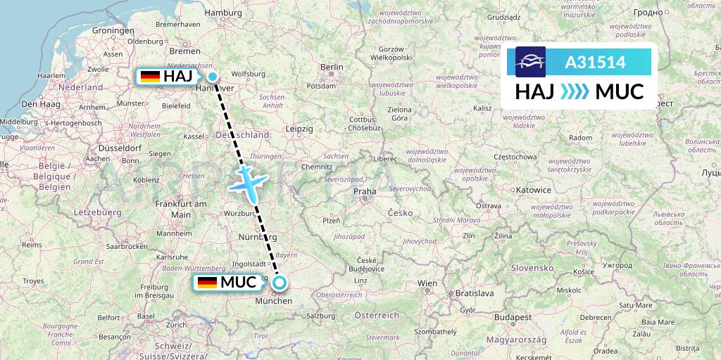 A31514 Aegean Airlines Flight Map: Hannover to Munich
