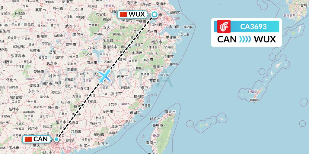 CA3693 Air China Flight Map: Guangzhou to Wuxi