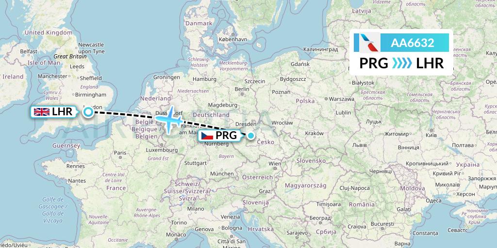AA6632 American Airlines Flight Map: Prague to London