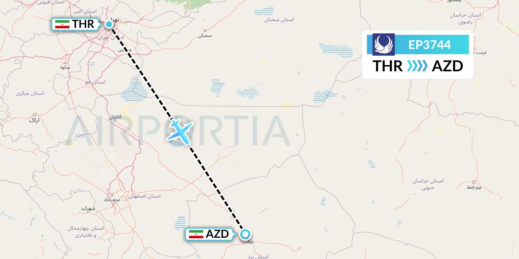 EP3744 Iran Aseman Airlines Flight Map: Tehran to Yazd
