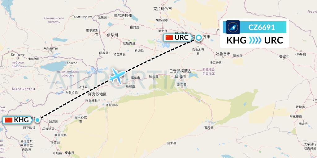 CZ6691 China Southern Airlines Flight Map: Kashgar to Urumqi