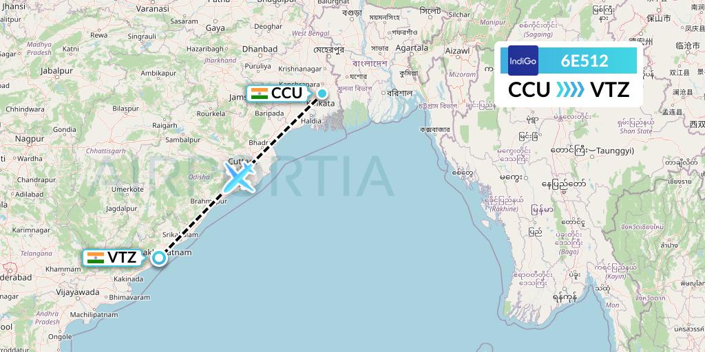 6E512 IndiGo Airlines Flight Map: Kolkata to Visakhapatnam