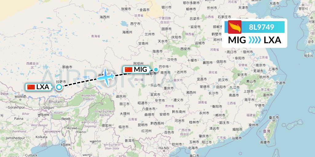 8L9749 Lucky Air Flight Map: Mianyang to Lhasa
