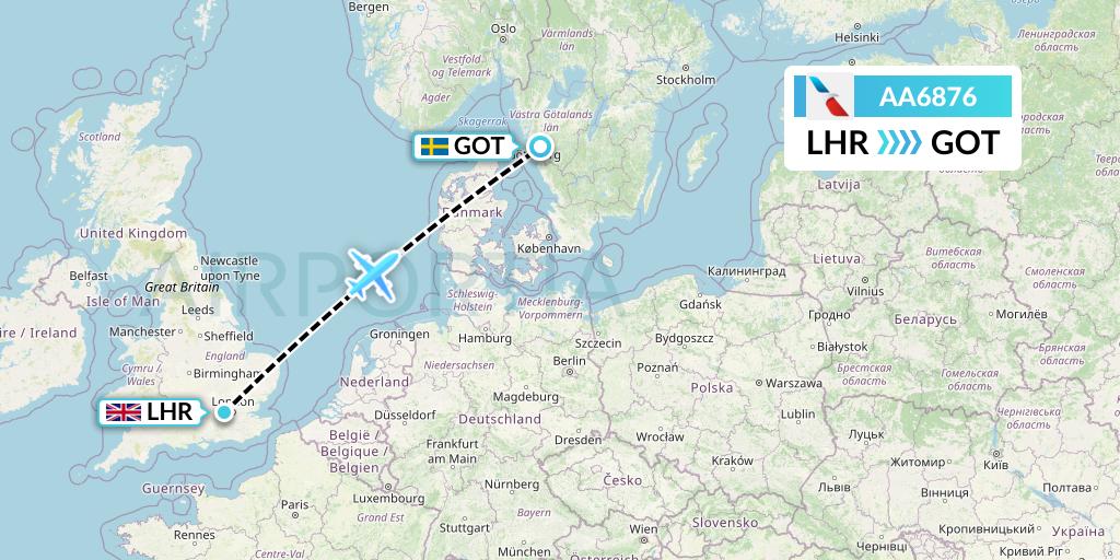 AA6876 American Airlines Flight Map: London to Gothenburg