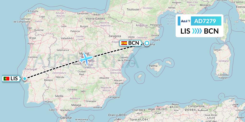 AD7279 Azul Brazilian Airlines Flight Map: Lisbon to Barcelona