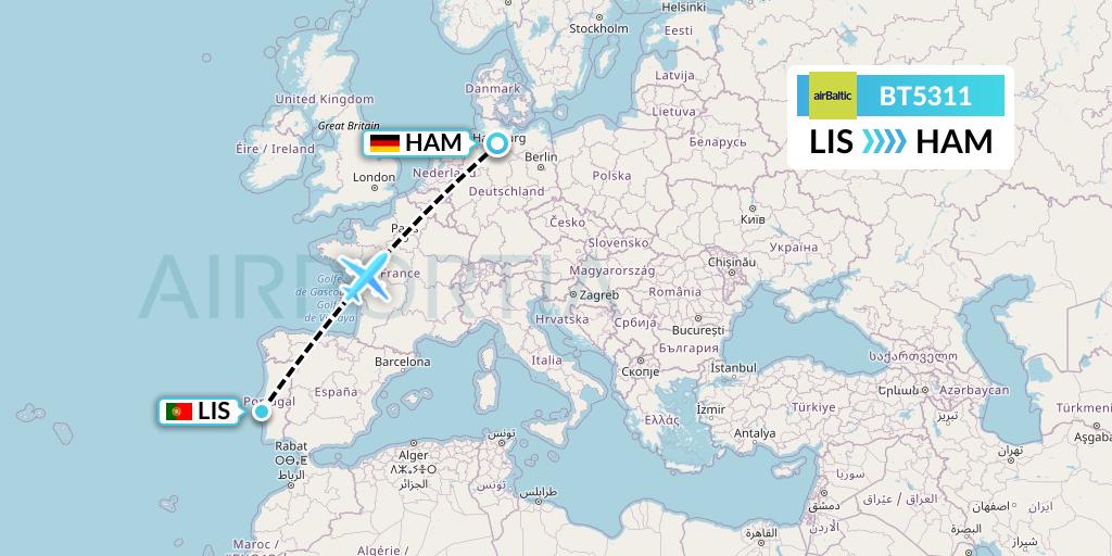 BT5311 Air Baltic Flight Map: Lisbon to Hamburg