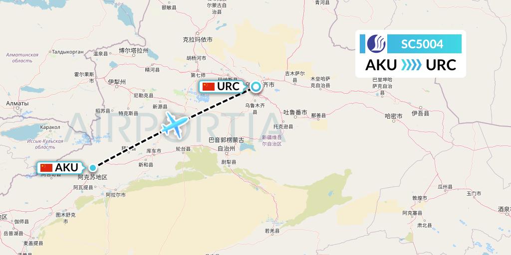 SC5004 Shandong Airlines Flight Map: Aksu to Urumqi