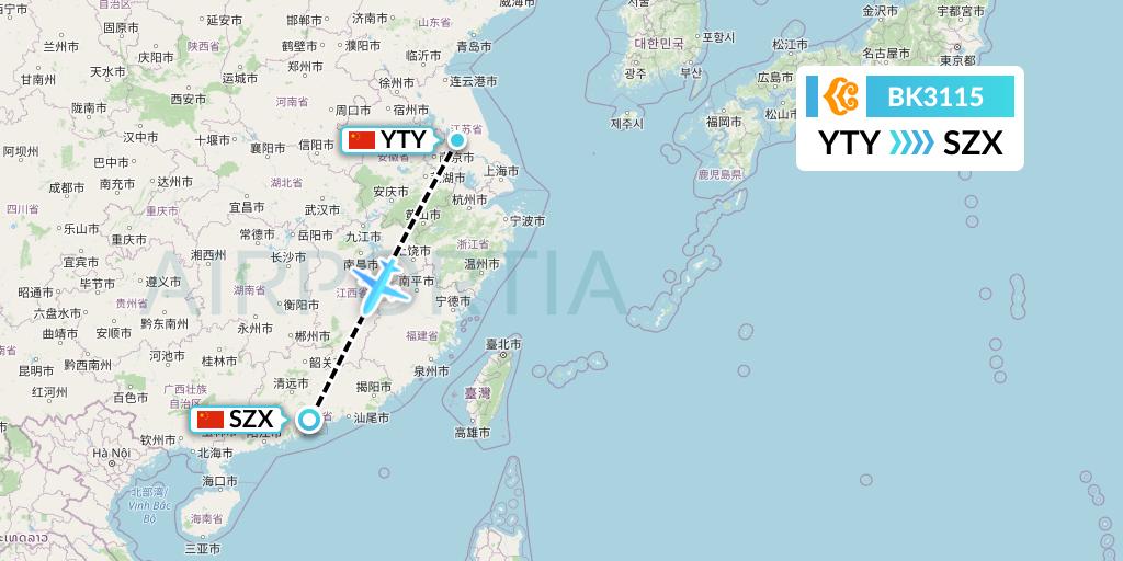 BK3115 Okay Airways Flight Map: Yangzhou to Shenzhen