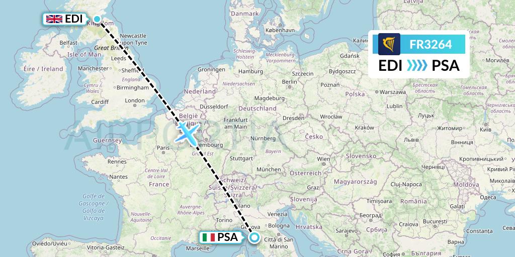 FR3264 Ryanair Flight Map: Edinburgh to Pisa