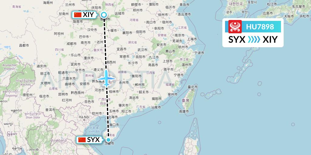 HU7898 Hainan Airlines Flight Map: Sanya to Xi'an