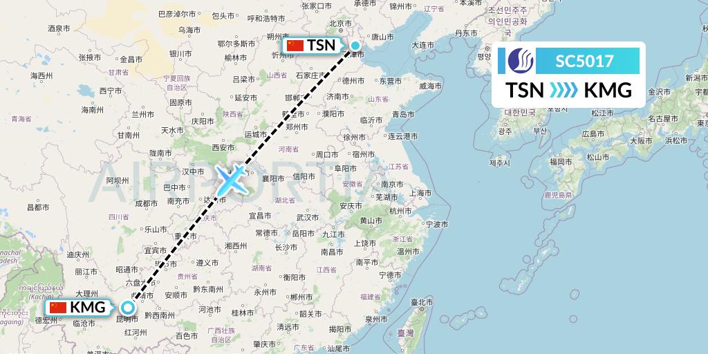 SC5017 Shandong Airlines Flight Map: Tianjin to Kunming