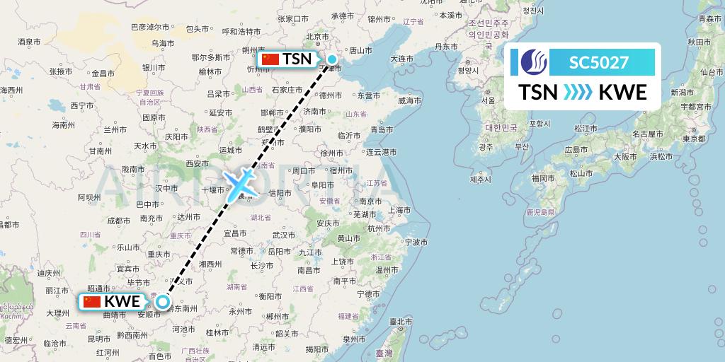 SC5027 Shandong Airlines Flight Map: Tianjin to Guiyang