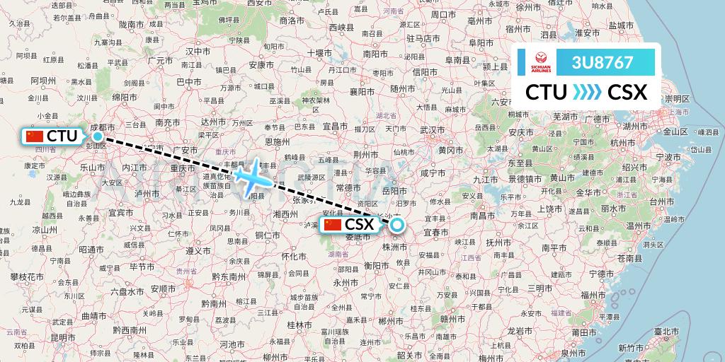 3U8767 Sichuan Airlines Flight Map: Chengdu to Changsha