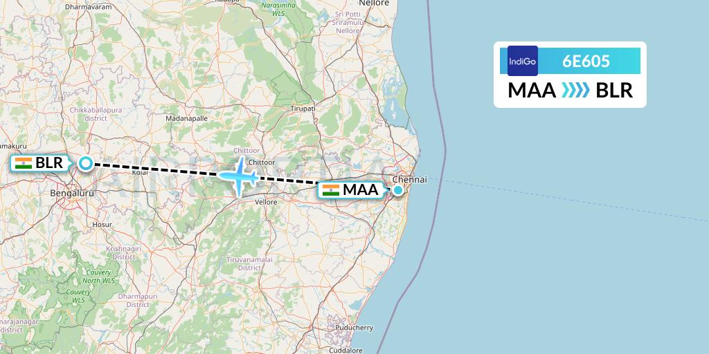 6E605 IndiGo Airlines Flight Map: Chennai to Bangalore
