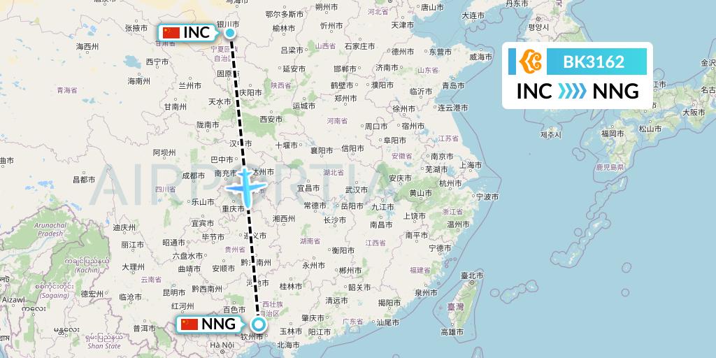 BK3162 Okay Airways Flight Map: Yinchuan to Nanning