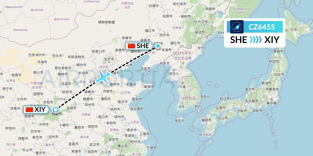 CZ6455 China Southern Airlines Flight Map: Shenyang to Xi'an
