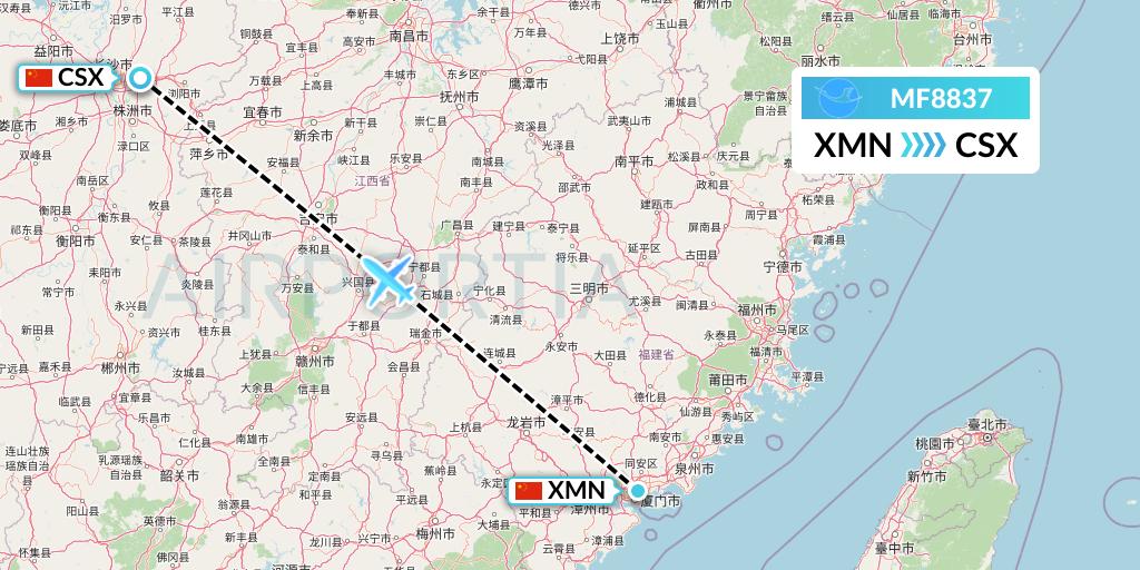 MF8837 Xiamen Airlines Flight Map: Xiamen to Changsha