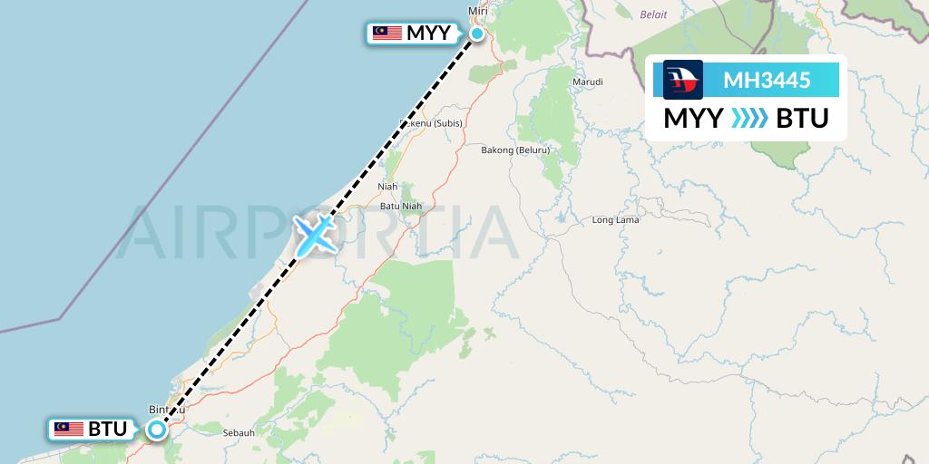 MH3445 Malaysia Airlines Flight Map: Miri to Bintulu