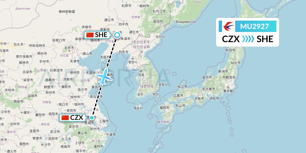 MU2927 China Eastern Airlines Flight Map: Changzhou to Shenyang
