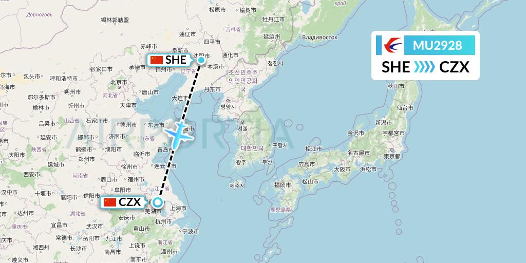 MU2928 China Eastern Airlines Flight Map: Shenyang to Changzhou