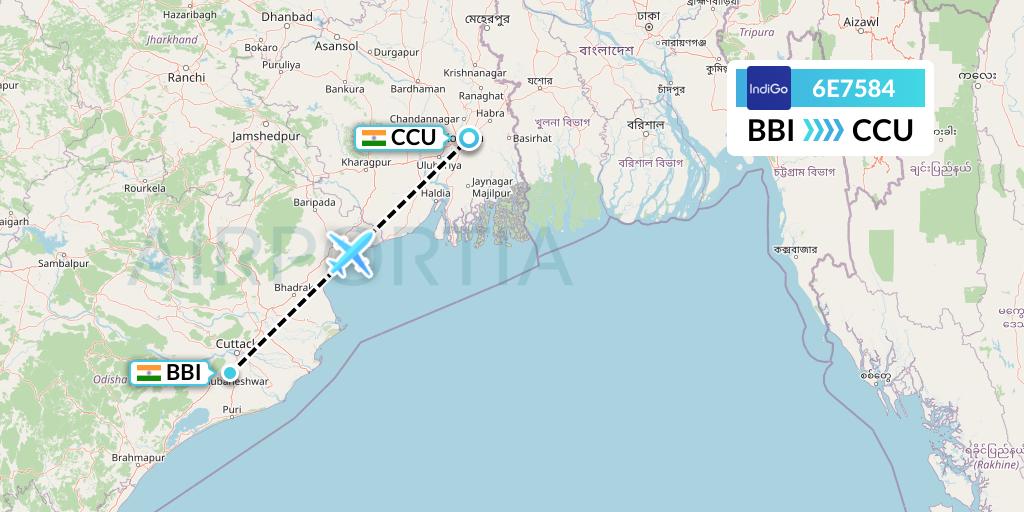 6E7584 IndiGo Airlines Flight Map: Bhubaneswar to Kolkata