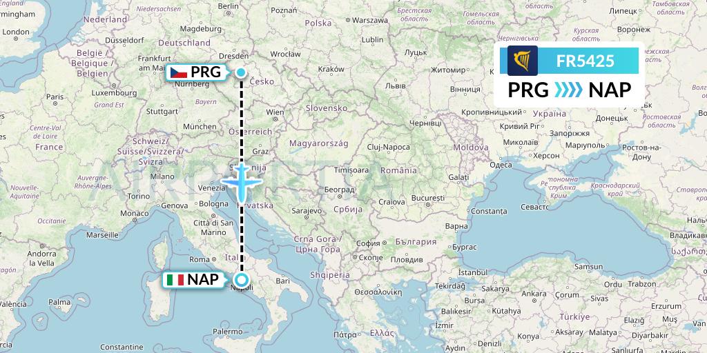 FR5425 Ryanair Flight Map: Prague to Naples
