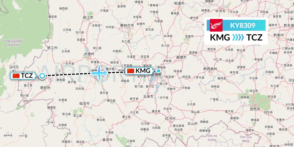 KY8309 Kunming Airlines Flight Map: Kunming to Tengchong