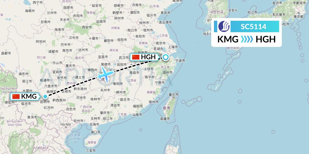 SC5114 Shandong Airlines Flight Map: Kunming to Hangzhou