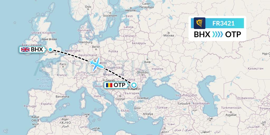FR3421 Ryanair Flight Map: Birmingham to Bucharest